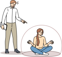 Woman meditates and does not pay attention to screaming boss, sits in lotus position in transparent cocoon. Girl meditates and practices zen buddhism to stay calm at work with toxic management. png