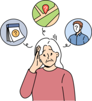 Alzheimer disease or dementia in old woman who forgets dates and faces or gets confused in space. Problem of alzheimer and lack of memory in elderly lady who does not take pills prescribed by doctor png