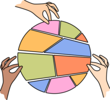 Hands of people with business diagram made from small pieces, and doing team work together with colleagues. Concept of dividing pie in form of diagram among everyone to get fair share for good job job png