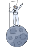 Man astronaut stands on miniature moon in space and holds flag pointing towards endless galaxy. Astronaut guy dressed in spacesuit who was in orbit for first time and went into open cosmos png