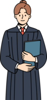 Judge woman in robe stands with book in hands, inviting to participate in meeting and make verdict based on law and justice. Girl judge is ready to work on arbitration or resolve legal conflicts png