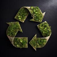 A close-up shot of a recycling symbol crafted from cardboard and covered in vibrant moss, highlighting the importance of sustainability and environmental conservation photo
