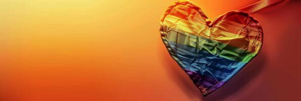 A rainbow heart shaped flag on a solid orange background photo