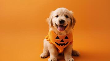 A golden retriever puppy wearing a pumpkin costume sits in front of an orange background, smiling and looking at the camera photo