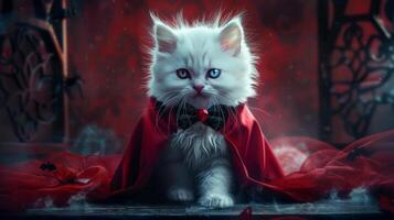 A white kitten wearing a red cape and bowtie sits on a dark surface photo