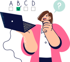 mulher pensa levando conectados teste em computador portátil e escolhe 1 do opções oferecido de programa. menina visitas local na rede Internet com teste para determinar compatibilidade com namorado ou escolher carreira caminho png