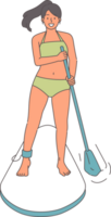 Woman surfer uses SUP board to float down river, and rows paddle to adjust direction, dressed in swimsuit. Happy girl relaxing at sea on vacation and getting into SUP surfing at sunny resort png