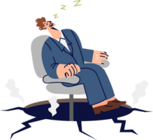Lazy business man demonstrating inefficiency due to lack of motivation, sitting in chair over abyss. Problem ineffectiveness of office employee is caused by lack of decent salary and poor management png