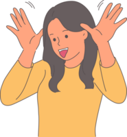 Bully girl makes funny grimace, sticking out tongue and putting palms to ears to amuse interlocutor. Teenager shows funny face, wanting to see laughter and positive emotions in small child. png