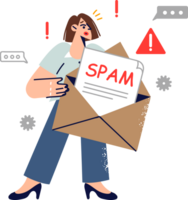 Spam letter in hands of woman who received email message containing virus and malware. Girl became victim of hacker sending spam to hack email account and gain unauthorized access to computer. png
