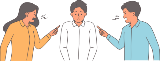Two bosses scold subordinate who made mistake, and point finger at clerk in need of protection. Colleagues scold male manager for lack of productivity and poor work performance violating kpi png