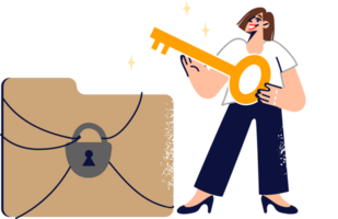 Woman takes care of security of storing sensitive information, locking folder with important documents with key. Criminal girl gains access to secret data due to security problems in company png