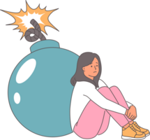 Teenage girl feels tired and burnout out due to problems with socialization, sits near burning bomb. Concept of relationship difficulties causing psychological burnout and mental disorder png