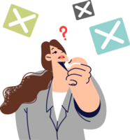 Woman thinking about plans for future or ways of self-development, scratching chin and doing planning. Lady in business clothes thinking about meaning of life after reading philosophical literature png