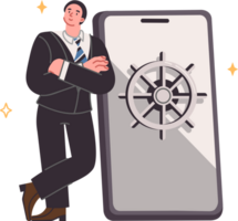 Business man near phone with safe on display for storing passwords for accounts and deposits with money or cryptocurrency. Successful guy uses online banking in mobile application to manage accounts png