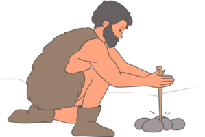 Primitive man makes fire using tree branch and stones in process of evolutionary development. Primitive neanderthal dressed in animal skin wants fire to cook food or scare away predators png