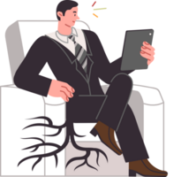 Business man with sedentary lifestyle runs risk developing osteochondrosis and problems with spine. Manager uses gadget taking root through chairs due to long lack of movement and sedentary lifestyle. png