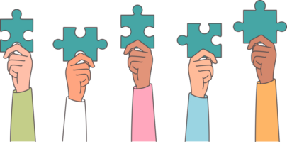 Teamwork of business people holding puzzles in hands, assembling single structure and building company. Teamwork of partners striving to achieve common goal and bringing benefits to corporation png