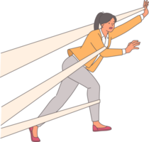 Business woman is trying to get rid of chaotic shackles that fetter body and prevent from moving forward. Successful girl advances in career despite problems and shackles that complicate task png