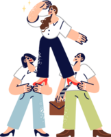 Woman leader looks around in search of new opportunities, with support of two colleagues. Teamwork of office employees thanks to trust in leader who has proven own professionalism. png