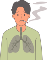 Man smoker with lung cancer suffers from nicotine addiction, stands with cigarette in mouth. Problem smoking destroyed health of smoker, unable to give up cigarettes and lead healthy lifestyle. png