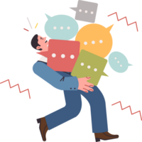 Overworked male analyst holding received feedback and customer reviews in form of speech bubbles. Business man preparing for marketing research feedback from potential clients and buyers png