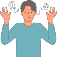 Man with obsessive compulsive disorder feels confused and raises hands in need of ocd treatment. Young guy with ocd does not understand what is happening due to psychological depression png