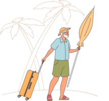 Elderly man went on trip to sea beach with suitcase on wheels and umbrella to protect from sun. Retiree moves to ocean after retirement to spend rest of days on southern beach with palm trees png