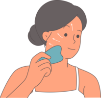 Woman makes facial massage to rejuvenating and get rid of wrinkles using gua sha device. Young girl is engaged in rejuvenating and removing lymph nodes on skin caused by air pollution png