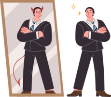 Business man seeing devil in reflection in mirror, for concept of duplicity and hypocritical behavior. Guy is fraudster, evil on inside and kind on outside, showing hypocritical smile to mislead png