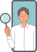 Business man with magnifying glass looks out of phone display, offering to use search technology. Guy manager is search for important information for company in mobile applications. png