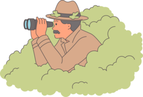 Man private detective is investigating case of adultery, looking out of bushes with binoculars in hands. Detective guy in old-fashioned coat and hat, spying to find murderer or thief png