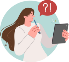 Thoughtful woman with tablet computer takes online test or fills out form on university website png