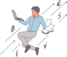 Successful trader makes profit from earning money on cryptocurrency arbitrage and flies with laptop in hands. Guy trader receives money on investments and financial analysis of blockchain png