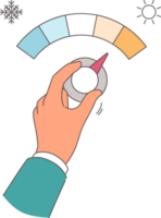 Person hand controls thermostat and increases supply of cold air in home or office. Adjusting thermostat as metaphor for controlling climate change and weather after change of season png