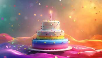 Festive cake in the colors of the rainbow with one candle photo