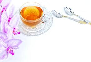 a transparent cup of aromatic tea and a pink orchid on a white background photo