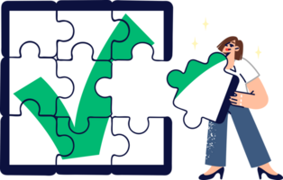 Business woman single-handedly completed task of completing puzzle with check mark, symbolizing successful completion of project. Smart businesslady coped with task set by company manager png