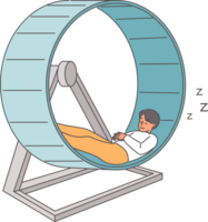 Man sleeps on hamster wheel after professional burnout caused by routine, uninteresting job. Tired guy does not want to work and is resting at workplace, due to laziness and not wanting to get burnout png
