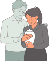 Widow woman mourns death of husband and holds urn with ashes, feeling support of deceased spouse. Grief of widow in need of help due to loneliness and melancholy causing depression png