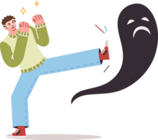 Man fights mental fears and psychological problems, by kicking flying ghost. Confronting panic attack caused by mental disorder from guy who does not need antidepressants and help of psychotherapist png
