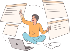 Man programmer or designer develops UI and UX design using virtual screens, sitting on floor near laptop. Guy programmer uses innovative methods to create web applications and websites png