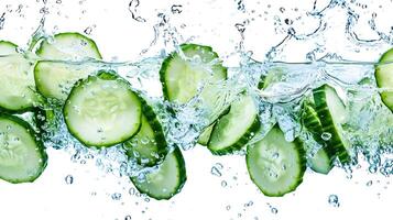 cucumber and water splash isolated on white background photo
