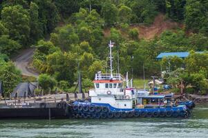 Batam, Indonesia. July 12, 2024. Tugboats and barges are docked, with a mountain background with lush trees photo