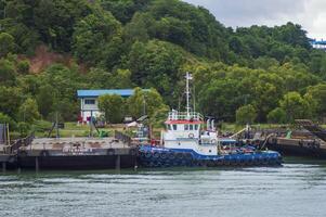 Batam, Indonesia. July 12, 2024. Tugboats and barges are docked, with a mountain background with lush trees photo