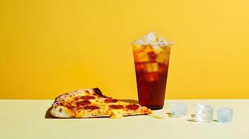 Pizza and coke gas station fast food quick bites style photography photo