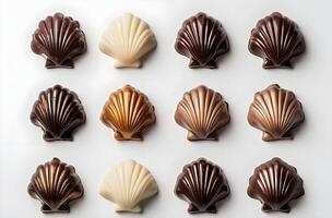 Chocolate seashells variety isolated on white background photo