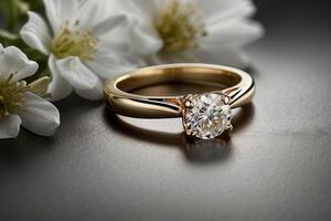 an elegant diamond engagement ring with a prominent solitaire, set on a slender gold band. The textured grey background adds a touch of sophistication photo