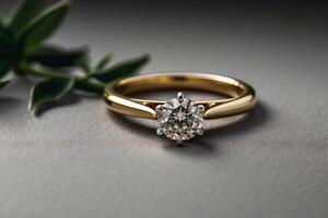 an elegant diamond engagement ring with a prominent solitaire, set on a slender gold band. The textured grey background adds a touch of sophistication photo