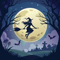 A glowing full moon with a silhouette of a witch flying on a broomstick. vector
